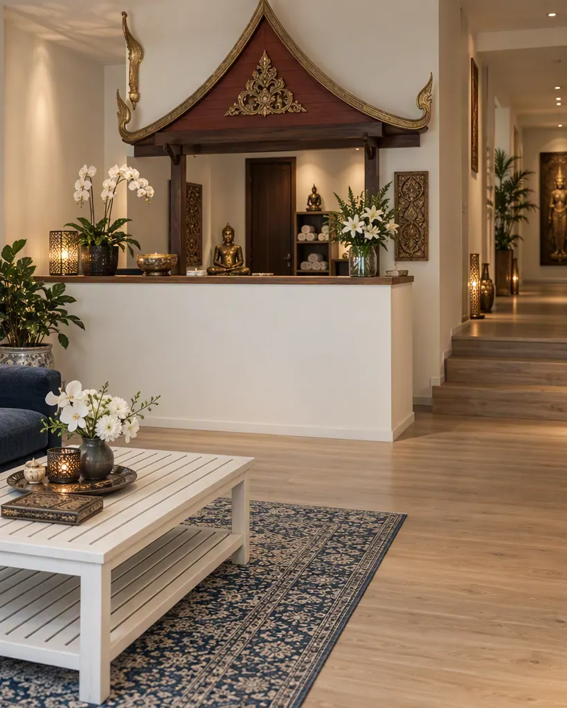 Receptionen hos Marina Wellness med et thailandsk tempeltag, orkidéer og en lys gang ind til behandlingsrummene